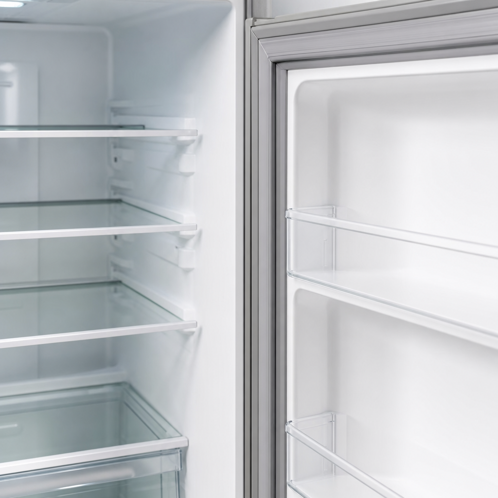 Cửa tủ lạnh mở, thấy rõ gioăng cao su và các ngăn kính